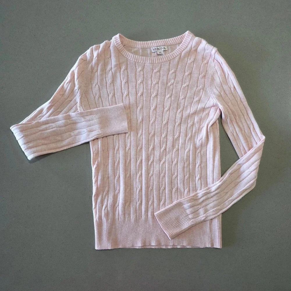 Merona Womens Pink Cable Knit Crew Neck Long Sleeve Pullover Sweater XS